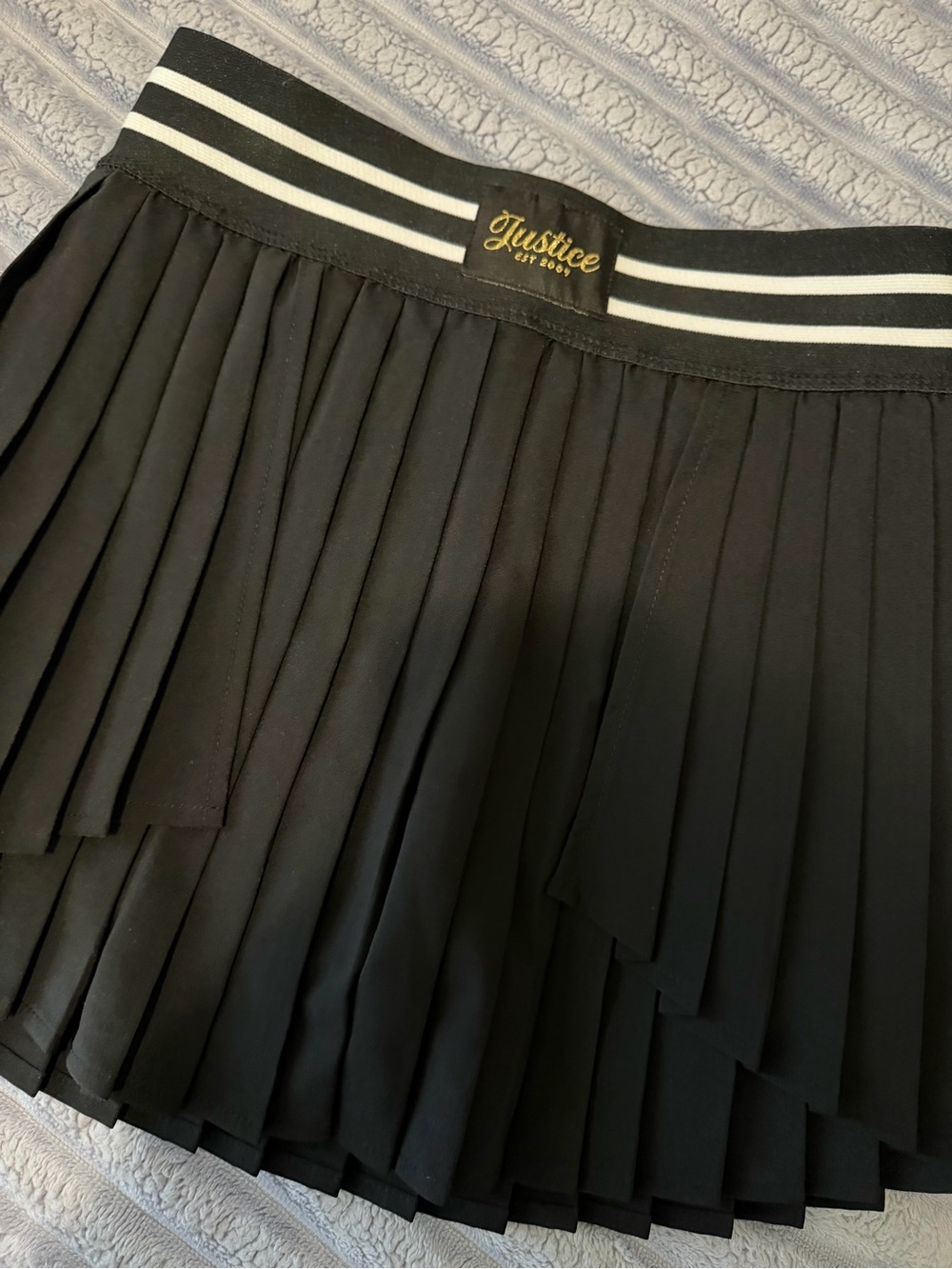Justice Black Pleated Skirt with White-Striped Elastic Waistband